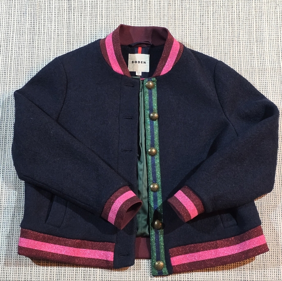 Boden Jackets & Blazers - Boden Navy Boiled Wool Blend Bomber Jacket Sz 16 Preppy Academia Back To School